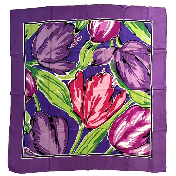 Beautiful Adrienne Vittadini Purple Tulip Floral Print Silk Scarf 32" Square Vtg - Picture 1 of 6